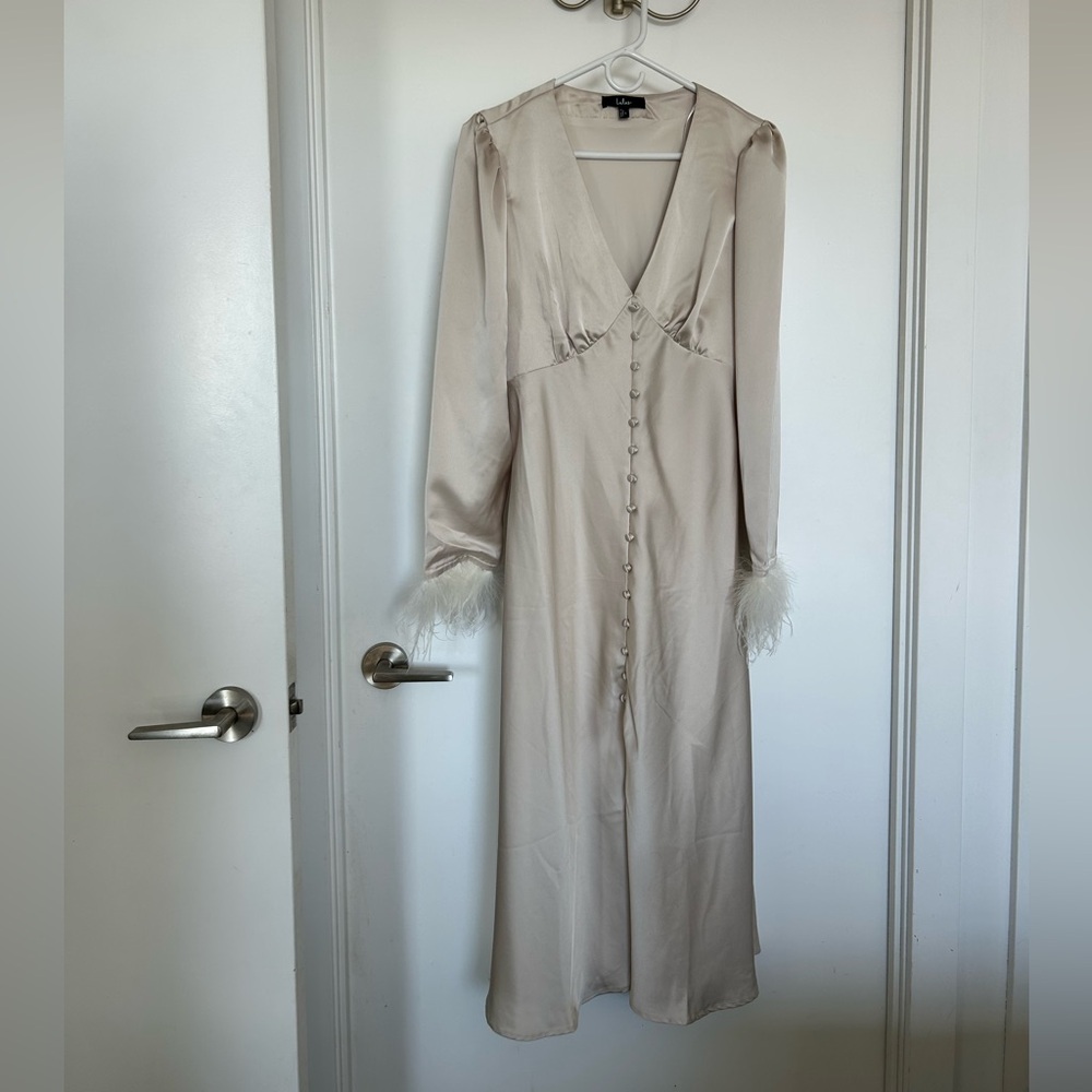 Lulu's Cream Long Sleeve Dress with Feather Cuffs
